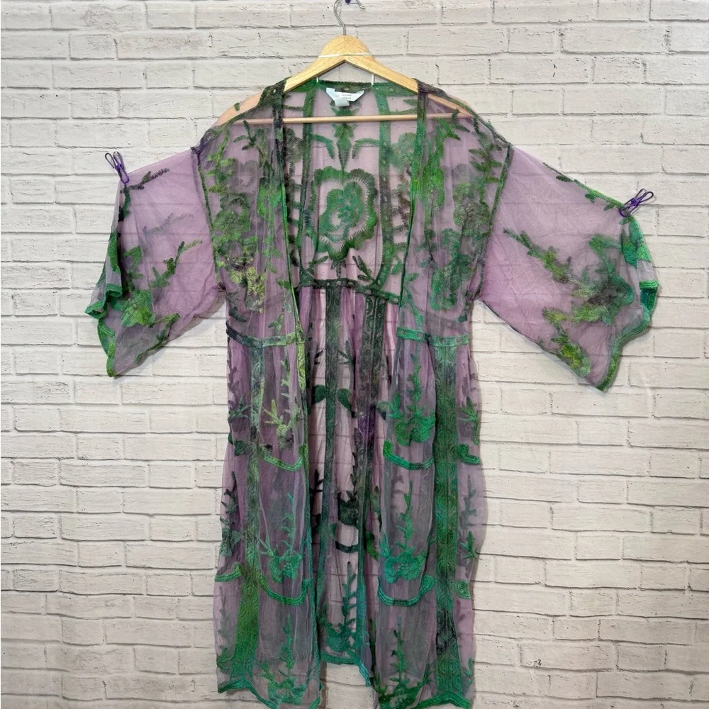 Sheer Lilac & Green Ice Dye Floral Kimono with Green Embroidery